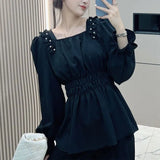 Shirring Beading Shirt Elegant Waist Square Collar Spring Autumn Women's Clothing Commute Basic Solid Color Folds Blouse-Outfit