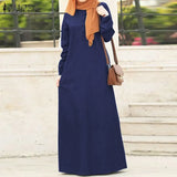 Women Long Sleeve Solid Maxi Sundress Vintage Autumn Denim Blue Dress Casual Buttons Kaftan Vestido Muslim Dress