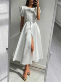 Women's Summer Dress with Botton White Elegant Office Ladies Split Short Sleeve A-Line Chic Holiday Party Maxi Dresses for Women-Outfit