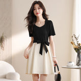 Fongt Collar Splicing Dress Women 2025 Summer Dress New Fashion Temperament Thin Design Small Bubble Sleeve Long Dress
