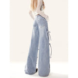 Fongt Tie Jeans Women Autumn New Retro Loose Broad Legs Drag Long Pants Ins