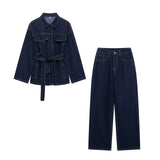 Fongt Retro Waist Strap With Belted Collared Denim Jacket Vintage Denim Trousers
