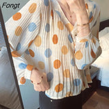 Women Blouses Long Sleeve Polka Dots Elegant Tender Fashion V-neck Single Breasted Chiffon Loose Casual Shirts Folds Sweet
