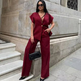 Fongt Explosion Women's Button Blouse Broad Leg Trousers Set