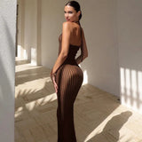 Fongt Summer New Knitted Neck Sleeveless Long Dress Solid Color Tight Sexy Bare Back Dress Woman