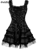 Dark Plaid Bandage Gothic Women A-line Dresses Grunge Aesthetic Lace Trim Patchwork Mini Dress Punk Bodycon Sexy
