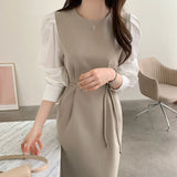 Fongt Korean Chic French Temperament Color Splicing Sleeve Women's Skirt Autumn Bubble Sleeve Waist With Round Collar Dress-Outfit