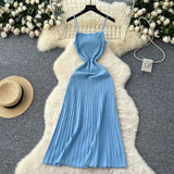 Fongt Dress Women 2025 New Gentle Wind Temperament Slings Waists Thin Vertical Knitted Dress Inside The Long Skirt
