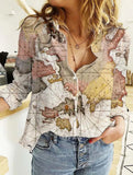 Fongt Women's Clothing 2025 Summer New Shirt Fashion Map Depicts Printed Long-Sleeved Top Women