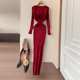 Fongt Women's Autumn And Winter 2025 New Korean Version Of Simple Solid Color Long Sleeves Tight Waist Thin Knit Long Dress