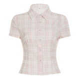 Fongt Style Organ Folds Solid Color POLO Collar Short-Sleeved Shirt To Close Short Buckle Umbilical Top