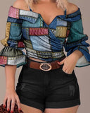 Independent Station 2023 Spring / Summer Fashion Printing Shoulder Lapel Blouse-Outfit