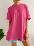 Fongt Loose Open Fork Cotton Short-Sleeved T-Shirt Women Comfortable Round Neck Solid Color T Hot Sale