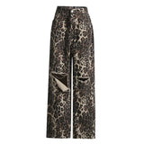 Fongt Wind Set Straight Trousers 2025 New Mid-Rise Wide Leg Hole Design Leopard-Print Jeans Women Autumn And Winter