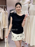 Fongt Xixi 13 Lines 2025 Summer New Temperament Ice Silk Bottom Knitted Flower Design Short-Sleeved T-Shirt 25D13