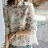 Fongt 2025 New Chinese Style Improved Cheongsam Peach Shirt Retro Buckle Long-Sleeved Printed Shirt Woman