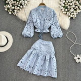 Fongt Temperament V-Neck Hollow Embroidered Lantern Sleeve Short Shirt Women Two Sets Hit High Waist Thin Word Half Skirt