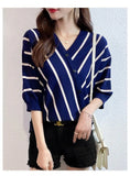 Striped Bottom Shirt Top 2025 Summer New Temperament V-Neck Five-Sleeve Ice Silk T-Shirt Knitted Shirt
