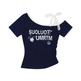 Fongt Oblique Shoulder Lace Sling Short-Sleeved Woman Design Small Sweet Short T-Shirt Girl Irregular Top