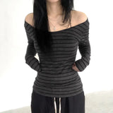 Fongt Cloth Forgets The Oblique Shoulder Stripes Thin Slim Long-Sleeved T-Shirt Sexy Bare Shoulders Simple Thin Casual Top