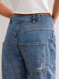 Fongt New Retro Hole Straight Trousers Casual Splicing Trousers Loose Jeans Woman