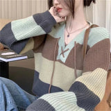 Fongt Striped V-Neck Sweater Women's Spring Hong Kong Retro Chic Design Loose Short Knit Top-Outfit