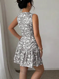 Fongt French Elegant Floral Print Sleeveless Bundle With Mini Dress