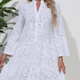 Fongt And Summer 2025 Pure Color V-Neck Loose Embroidered Empty Lace Sexy Dress