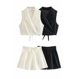Fongt Summer New Women's Suit Collar Vest + Set Of Casual Shorts