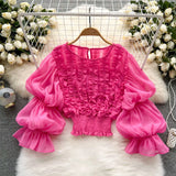 Lace Design Sense Shirt French Niche Lantern Sleeve Temperament Slim And Short Style Blouse-Outfit