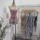 Fongt Shooting Round Neck Fluttering Dye Printing Irregular Lotus Leaf Side Mesh Slings Slings Sleeveless Top 1218