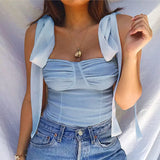 Lace Up Camisole Women Vest Chic Summer New Sleeveless Square Collar Sling Crop Top Solid Color Lady Backless