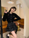 Sweet O-neck Long Sleeve Knitted Cardigan+ Y2k E-Girl High Waist Flower Print Ruched Skirts Spring New Two Piece Sets-Outfit