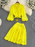 V Neck Hollow Embroidered Lantern Sleeve Short Shirt Solid Mini Skirt 2 Piece Suit Women 2024 Autumn Fashion New TH2512-Outfit