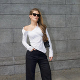 Fongt Autumn Irregularly Exposed Shoulder Buckle Shirt Female Pure Desire To Slim Slim Personality Design Fashion Top