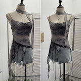 Fongt Girls Newspaper Tie-Dye Printing Net Waste Vest Irregular Rope Ribbon 1197