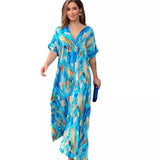 Fongt Summer High-Waisted Print Commuting Temperament Short-Sleeved Long Dress Women's Long Dress