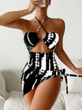Fongt New Digital Print Lady Sexy Conjoined Hanging Neck Triangle Mesh Three-Piece Hollow-Out