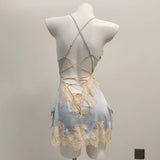 Fongt New Ice Silk Sexy Pajamas Pure High-End Small Breast Hollow Lace Sling Aja Skirt Homewear