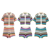 Fongt Women's 2025 New Crochet POLO Shirt Collar Striped Crochet Shorts Set