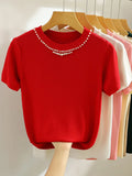 Knitted T-shirt Women Top Solid Tank Y2K Summer New Fashion Female Sleeveless Beading Casual Thin Tops 2024-Outfit