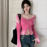 Sexy Off Shoulder Sweaters Women Autumn Slim Fit Double Zipper Knitted Cardigan Y2k E-Girl Long Sleeve Tops Mujer-Outfit