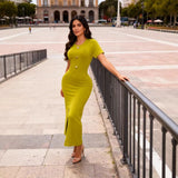 Fongt Body-Stupling Short-Sleeved Bag Hip Dress Gold Metal Buckle Open-Fork Solid Color Dress