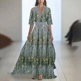 Fongt Shein Temu Explosion Walk Show V-Neck Explosion Printed Long Dress