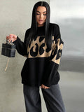 Fongt Leopard-Print Sweater Languid Wind Collar Loose-Fitting Fashion Casual Wear Autumn And Winter Top Woman