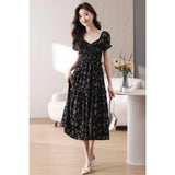 Fongt Summer New Thin And Gentle Flowers Holiday Travel Small Black Dress Medium Temperament Dress