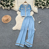 Fongt Fragrant Breeze Sleeze Sleeze Round-Neck Collar Knitted Top Women High-Waisted Leisure Broad-Legged Pants Summer Suit