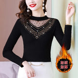 Fongt Photo # Autumn / Winter Long Sleeve And Velvet Top Women's High-End T-Shirt With A Versatile Lace Bottom Shirt-Outfit