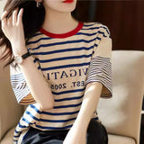 Fongt Version Of Loose Good-Looking Youth-Down Navy Blouse Woman! Letters Printed Short-Sleeved Cotton Striped T-Shirt