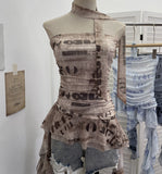 Fongt Shooting Spice Girls Irregular Lotus Leaf Side Ribbon With Non-Slip Strip Mesh Printing Chest Vest 8037